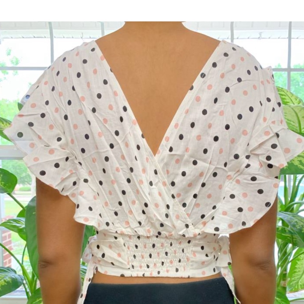 Hyfve Crop Top,Flutter Sleeves,Mauve-Blk Polka Dot - Picture 3 of 8